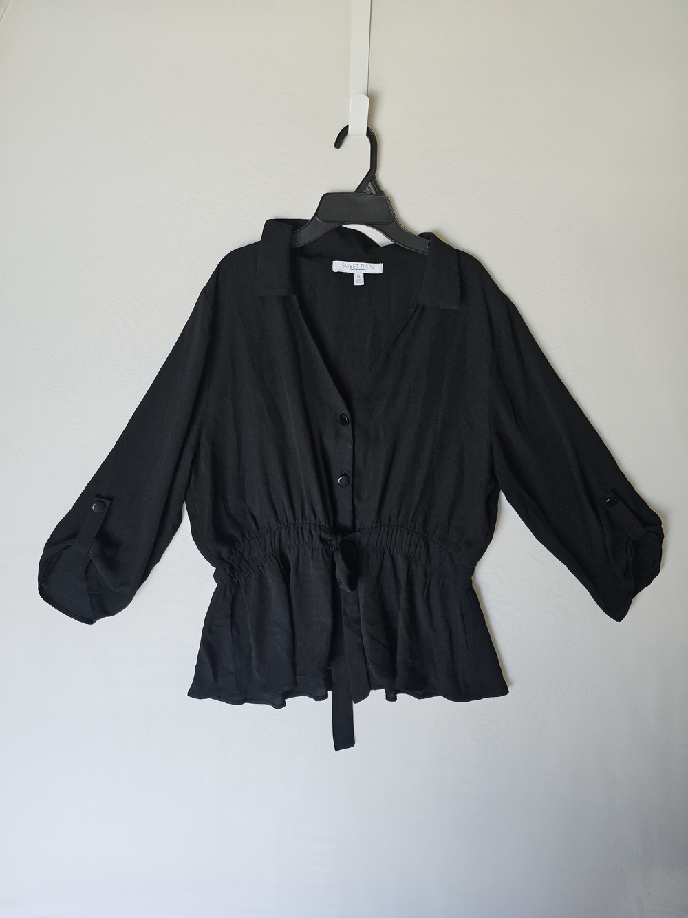 Sweet Rain Black Button Front Cinched Waist Peplum Blouse Top XL